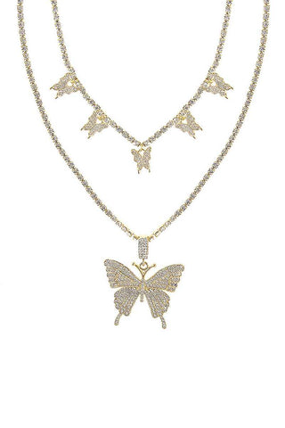 Rhinestone Butterfly Double Necklace Set